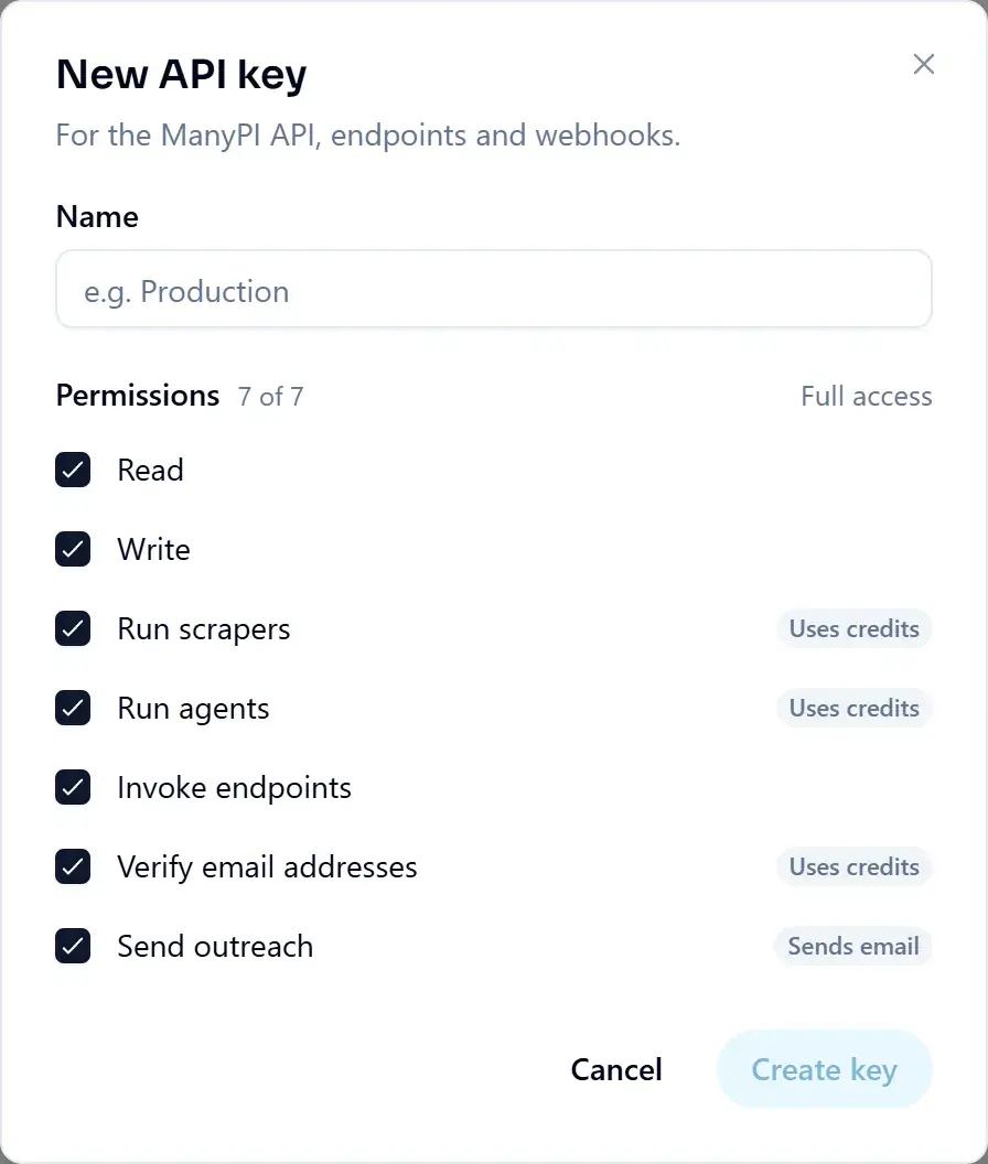 New API key: a name, and the permissions it gets, all ticked to start with