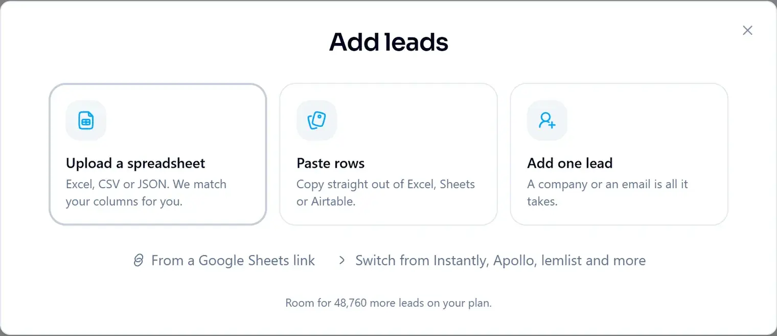 Add leads: upload a spreadsheet, paste rows or add one lead