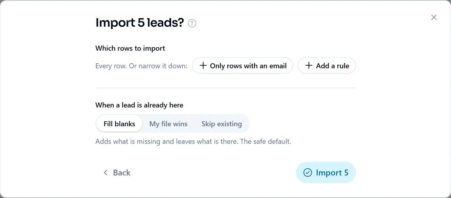 Which rows to import, and what happens when a lead is already in ManyPI
