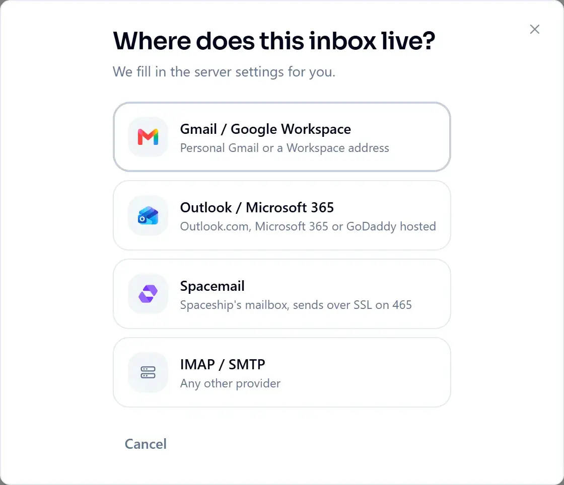 Where does this inbox live? Gmail, Outlook, Spacemail or any IMAP/SMTP provider