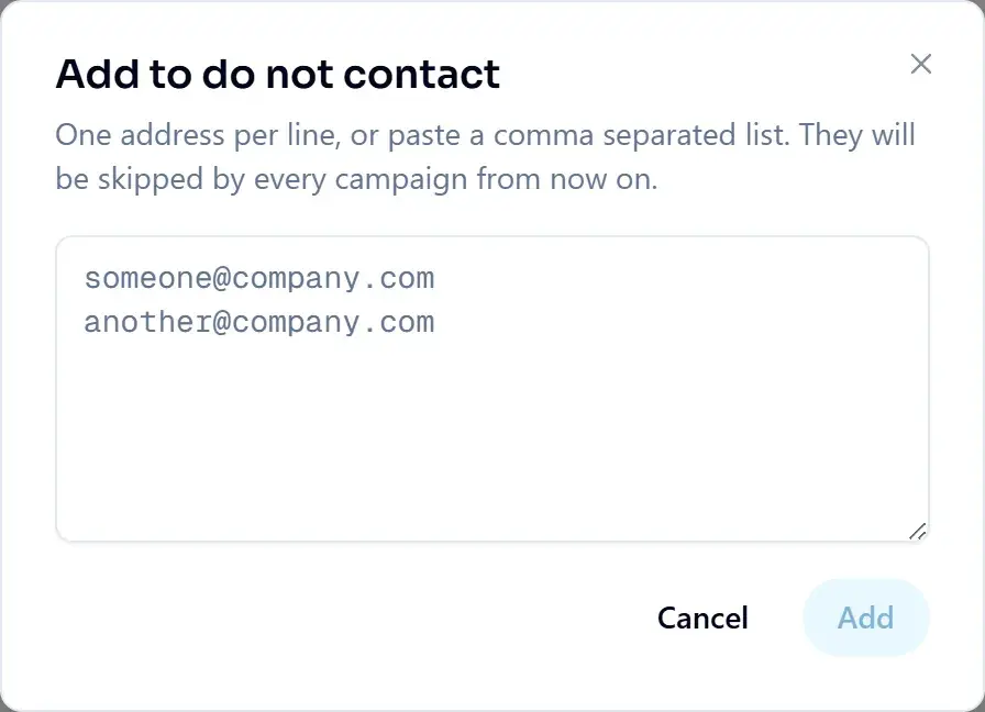 Add to do not contact: one address per line, or a comma-separated list