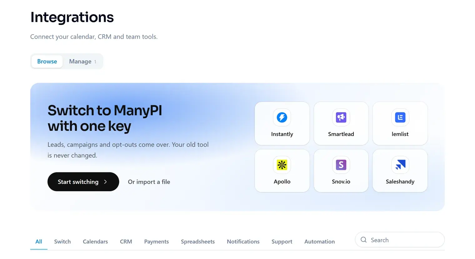 The Integrations page in ManyPI, with the Switch to ManyPI banner and the integration categories