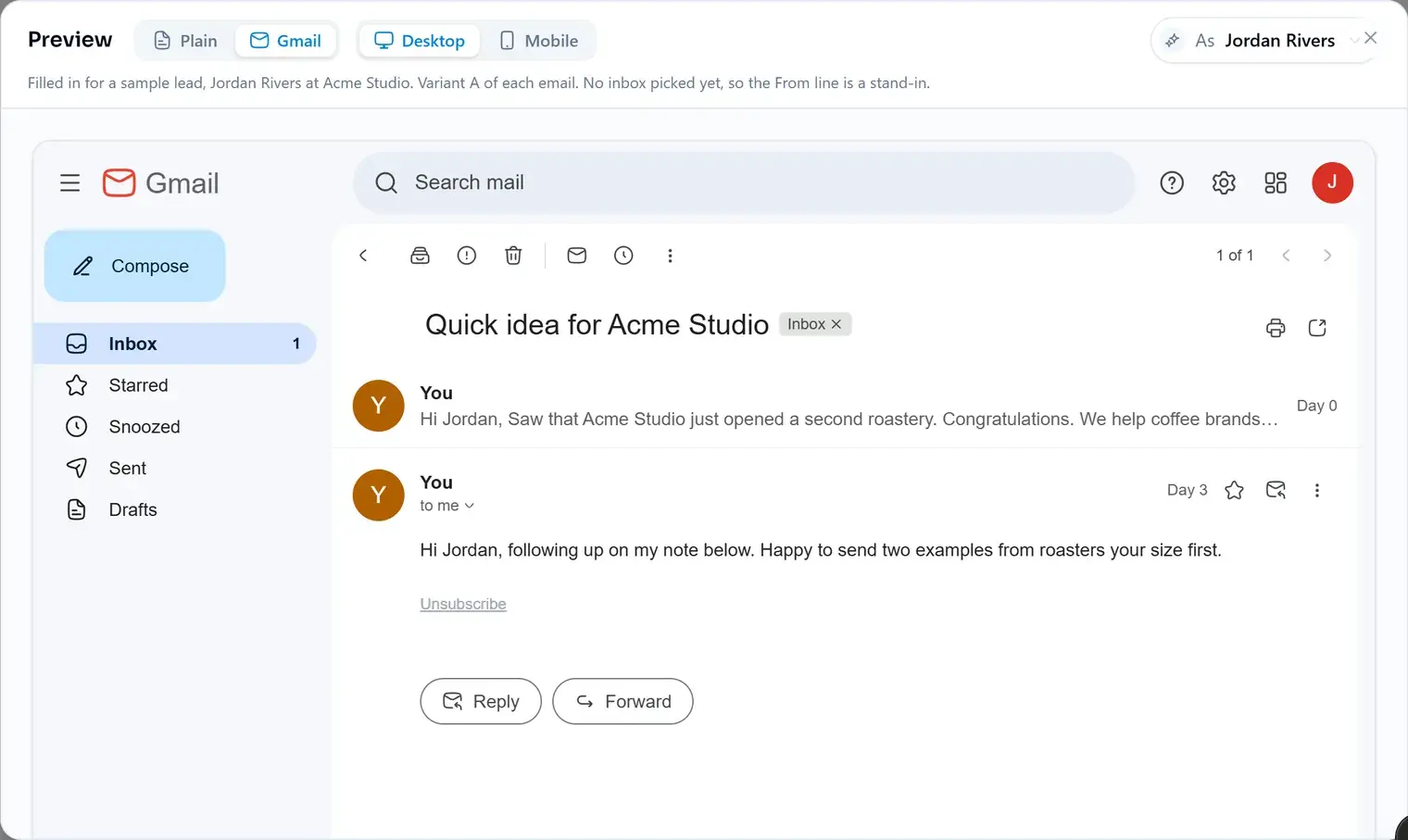 A sequence previewed in a Gmail frame, filled in for a sample lead