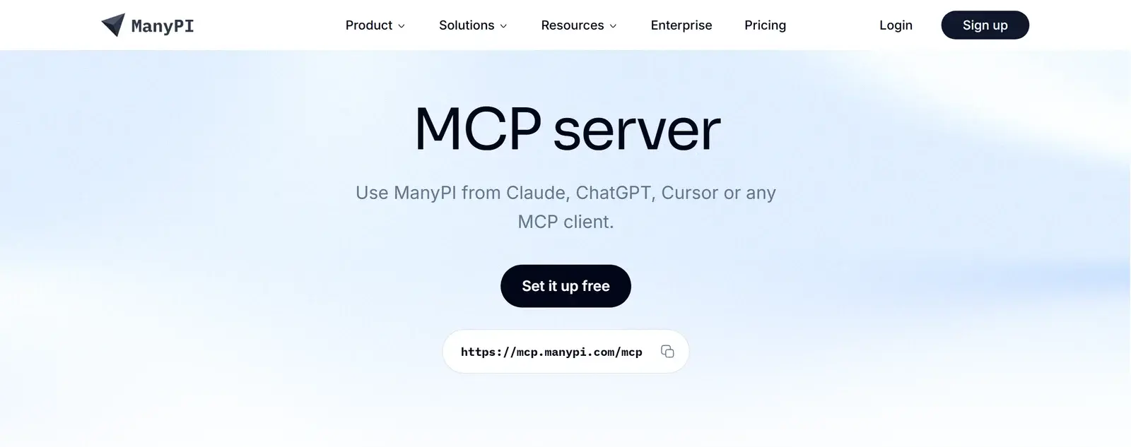 ManyPI's MCP server page, with the server URL https://mcp.manypi.com/mcp