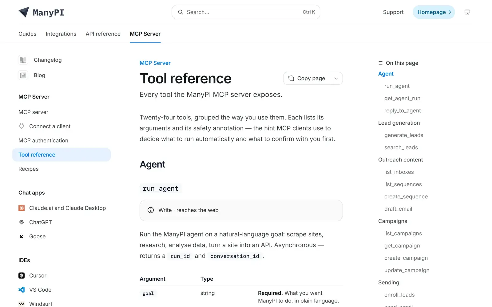 The ManyPI MCP tool reference, with generate_leads and search_leads under Lead generation